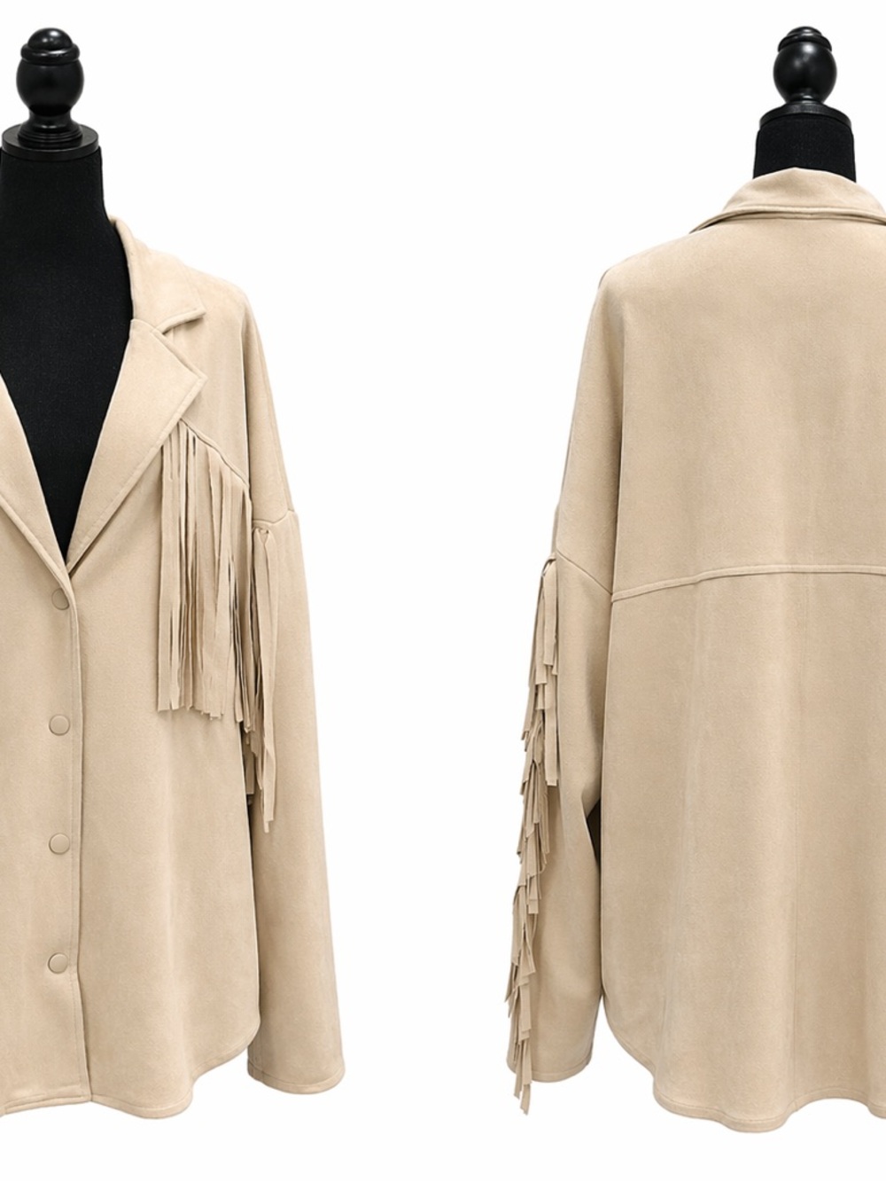 12th Tribe Beige Fringe Suede Shacket